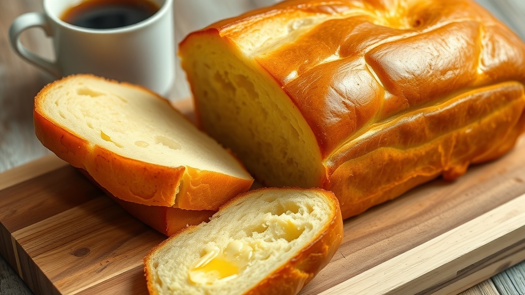Soft and Buttery Brioche Bread Recipe Freshly baked brioche loaf with a soft texture, sliced to show its fluffy interior, on a wooden board with butter.